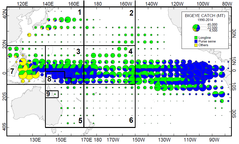 Distribution of bigeye tuna catch, 1990-2014