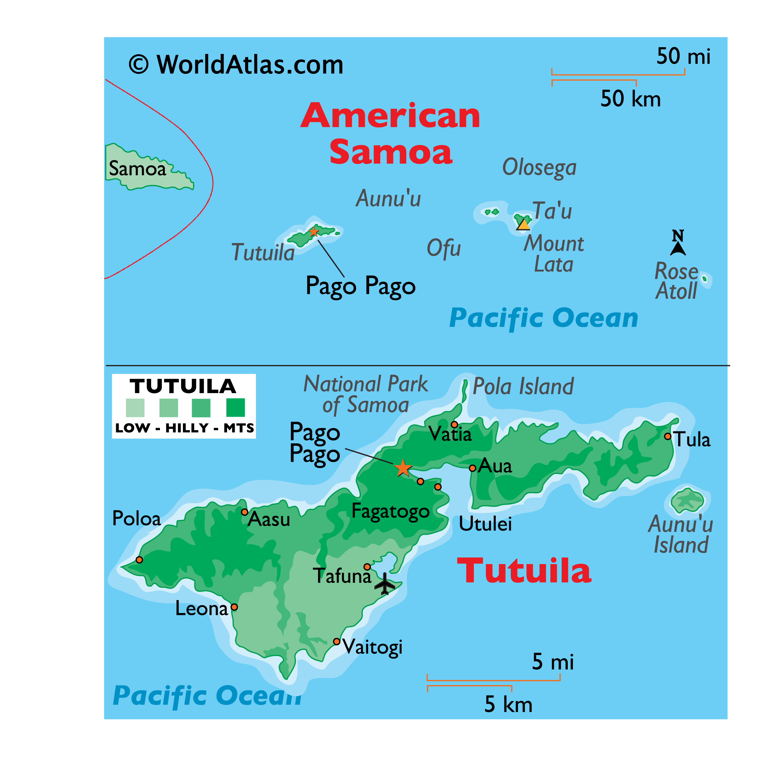 World Atlas Map of American Samoa Map of Tutuila, Aunu'u, Manu'a Islands.